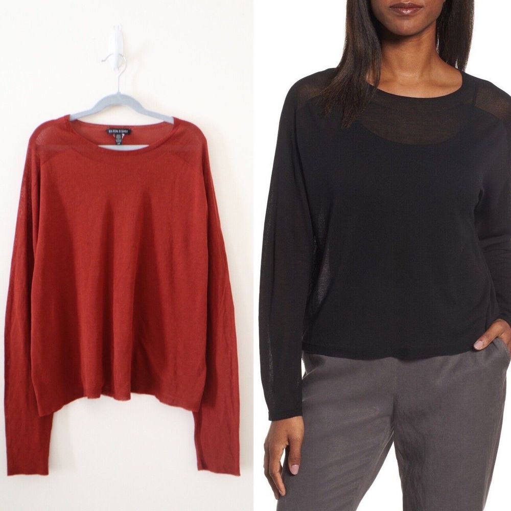 Eileen Fisher Size S Seamless Sleek Tencel Knit Jewel Neck Top Rust Copper Red
